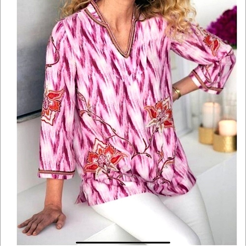 Soft Surroundings Top Altea Pink Beaded embroidered floral Boho TUNIC LG
